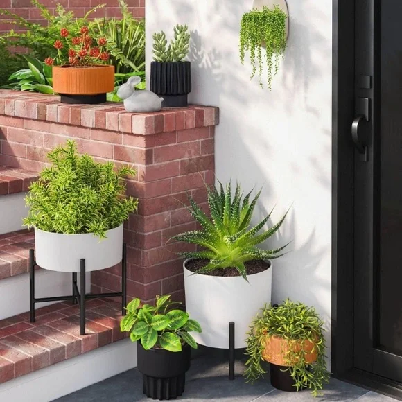 NIB Threshold Modern White Planter with Black Stand